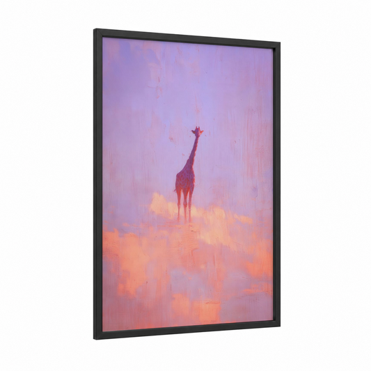 Dreamy Giraffe framed art print — black wood frame — lavender and peach palette