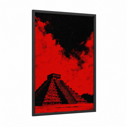 Crimson Pyramid Monument framed monuments print — black wood frame — red and black palette