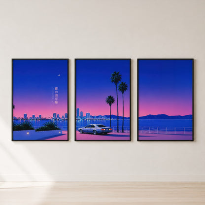 Retro Coastal Night Triptych Wall Art Set — set hero