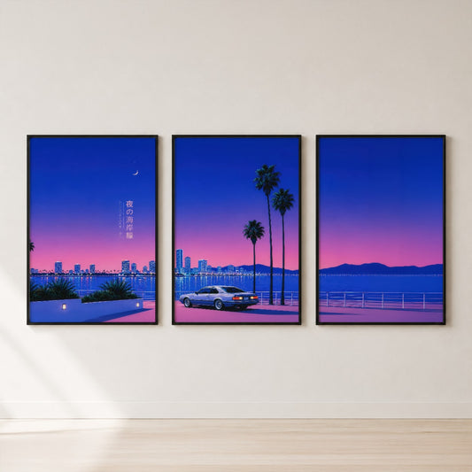 Retro Coastal Night Triptych Wall Art Set — set hero
