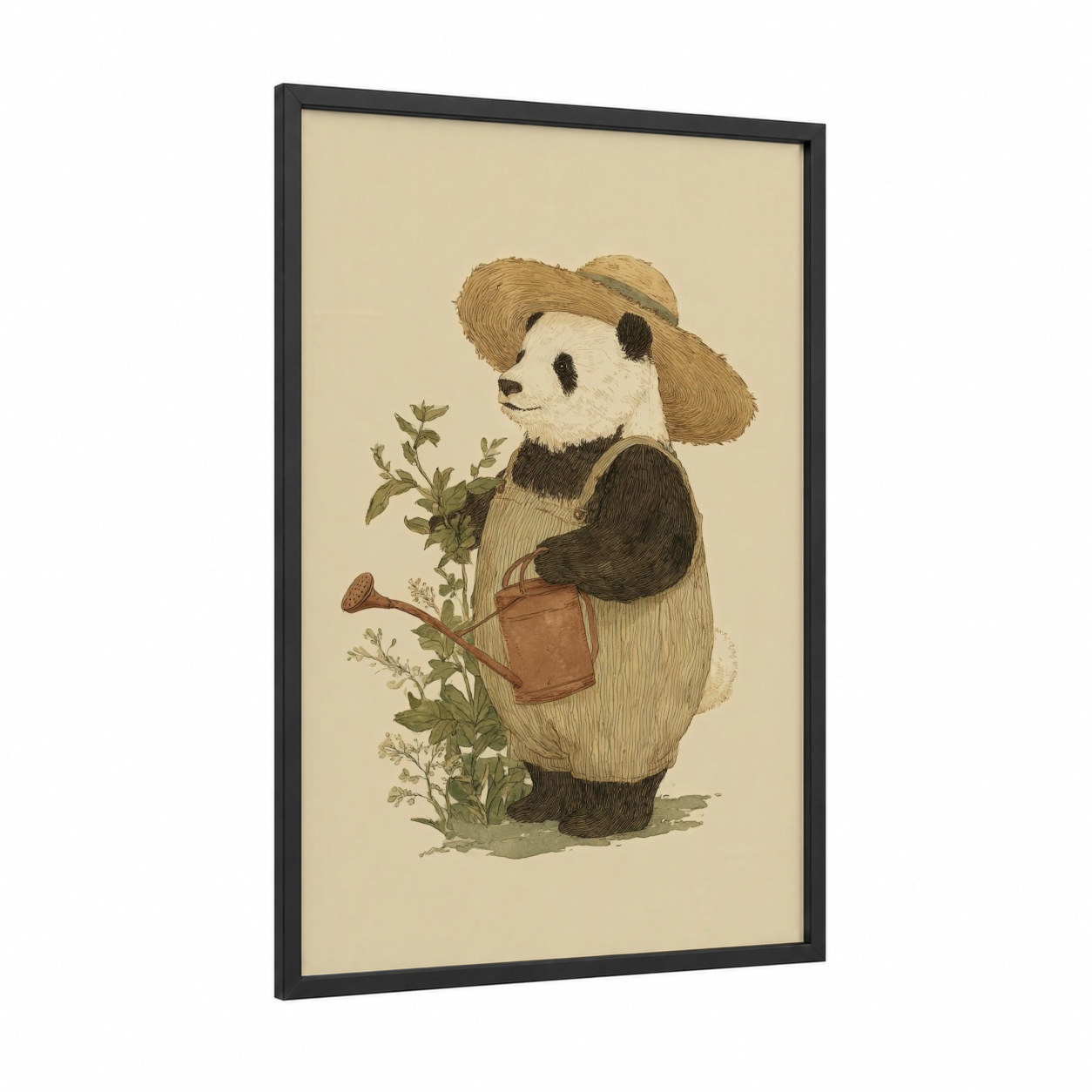 Gardening Panda framed art print — black wood frame — beige and olive palette