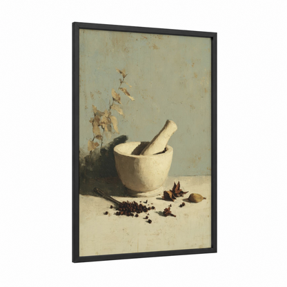 Mortar Herbs Study framed herbs and spices print — black wood frame — sage green and cream palette