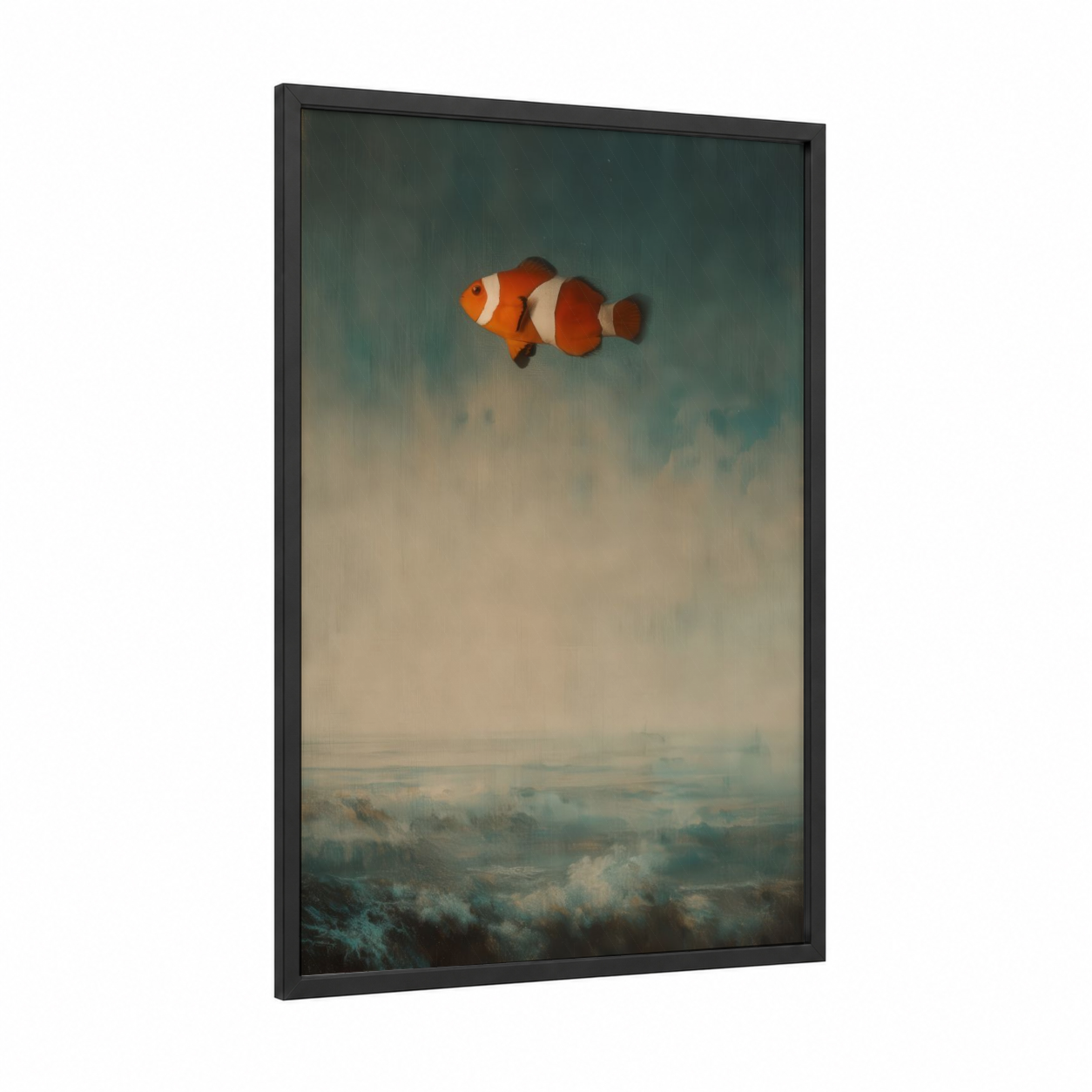 Floating Clownfish framed clown fish print — black wood frame — blue and orange palette