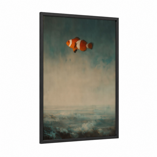 Floating Clownfish framed clown fish print — black wood frame — blue and orange palette