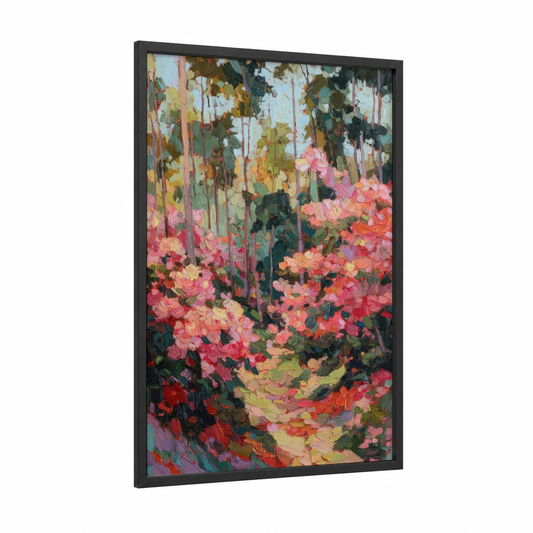Blooming Rhododendron Forest framed art print — black wood frame — pink and green palette