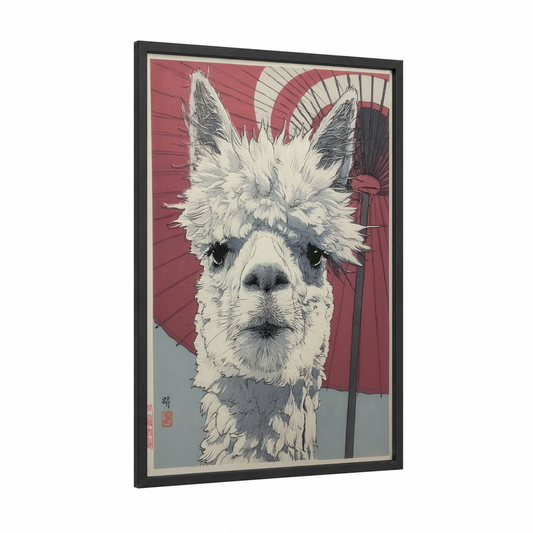 Serene Alpaca framed art print — black wood frame — black and white and maroon palette
