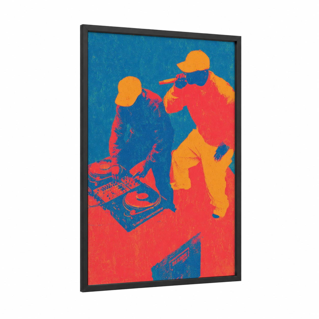 Urban DJ Culture framed hiphop print — black wood frame — red and gold palette