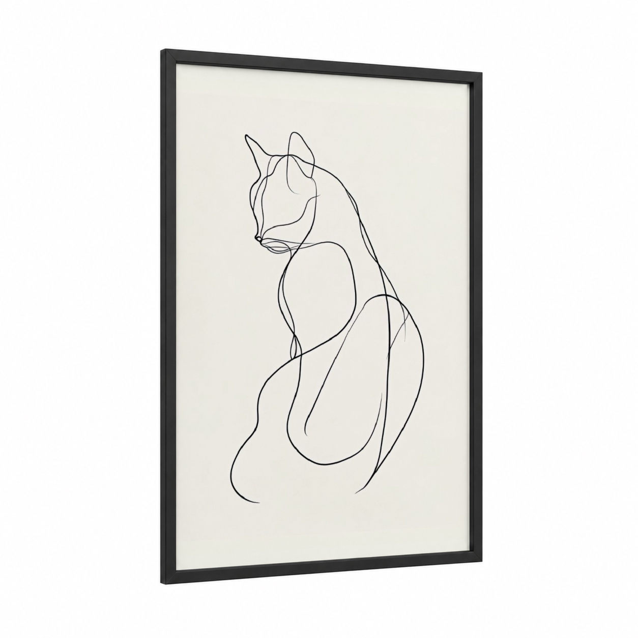 Minimalist Cat framed art print — black wood frame — black and white and cream palette