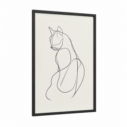 Minimalist Cat framed art print — black wood frame — black and white and cream palette
