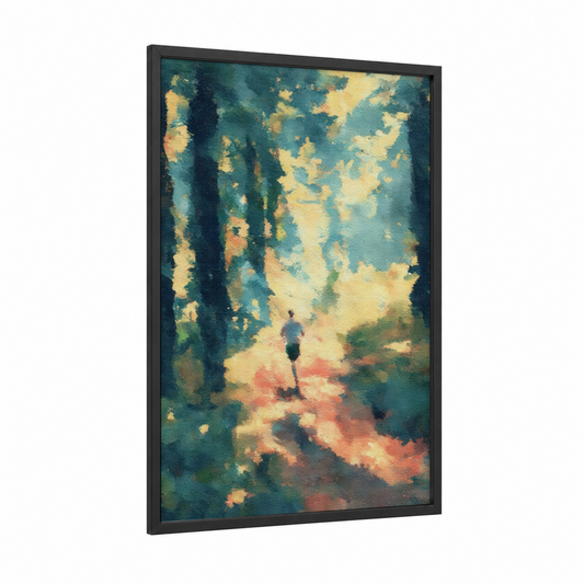 Sunlit Runner framed track and field print — black wood frame — teal and gold palette