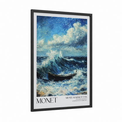 Turbulent Seascape framed seascapes and ocean print — black wood frame — blue and cream palette