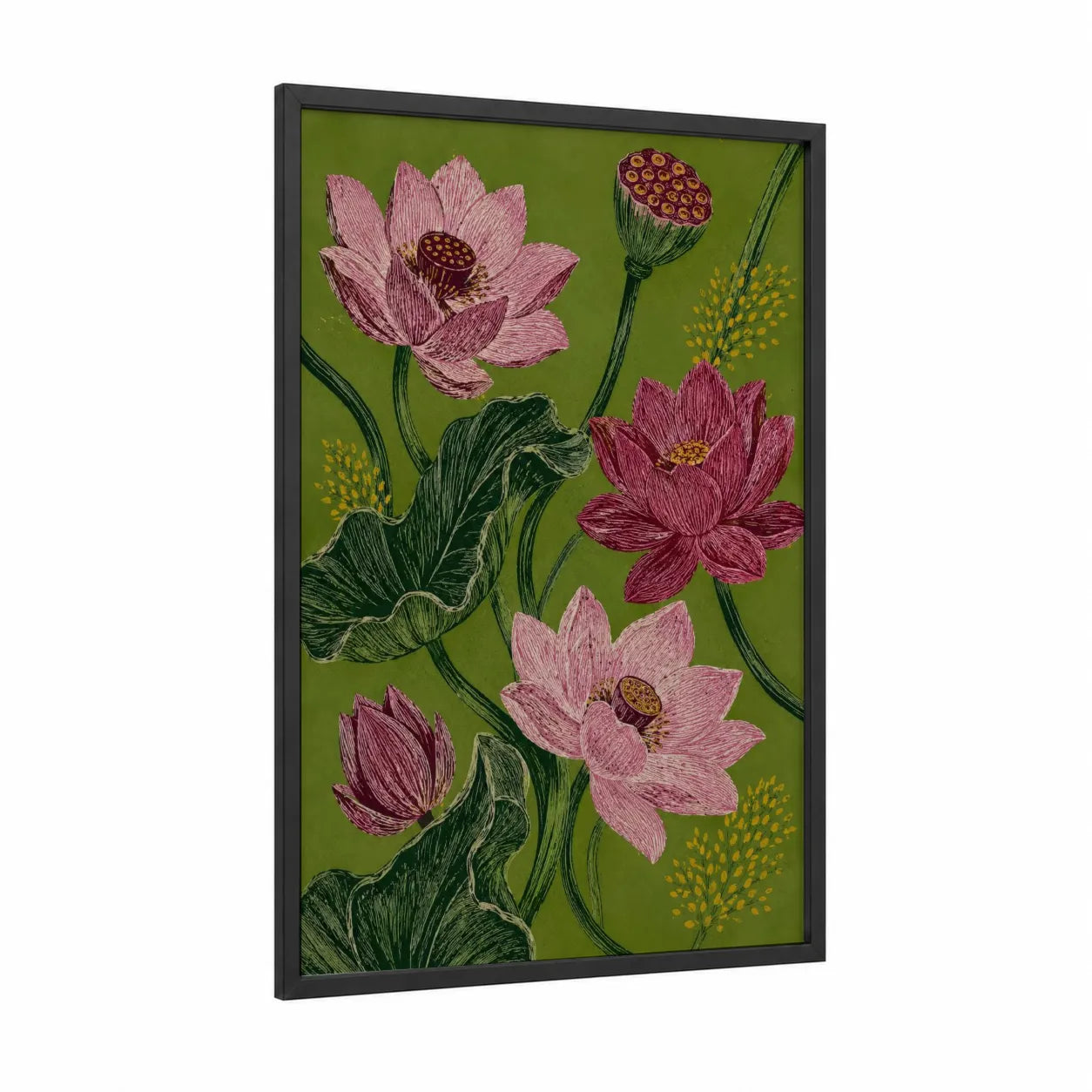 Lotus Flower Woodblock Print Wall Art framed art print — black wood frame — pink and olive palette