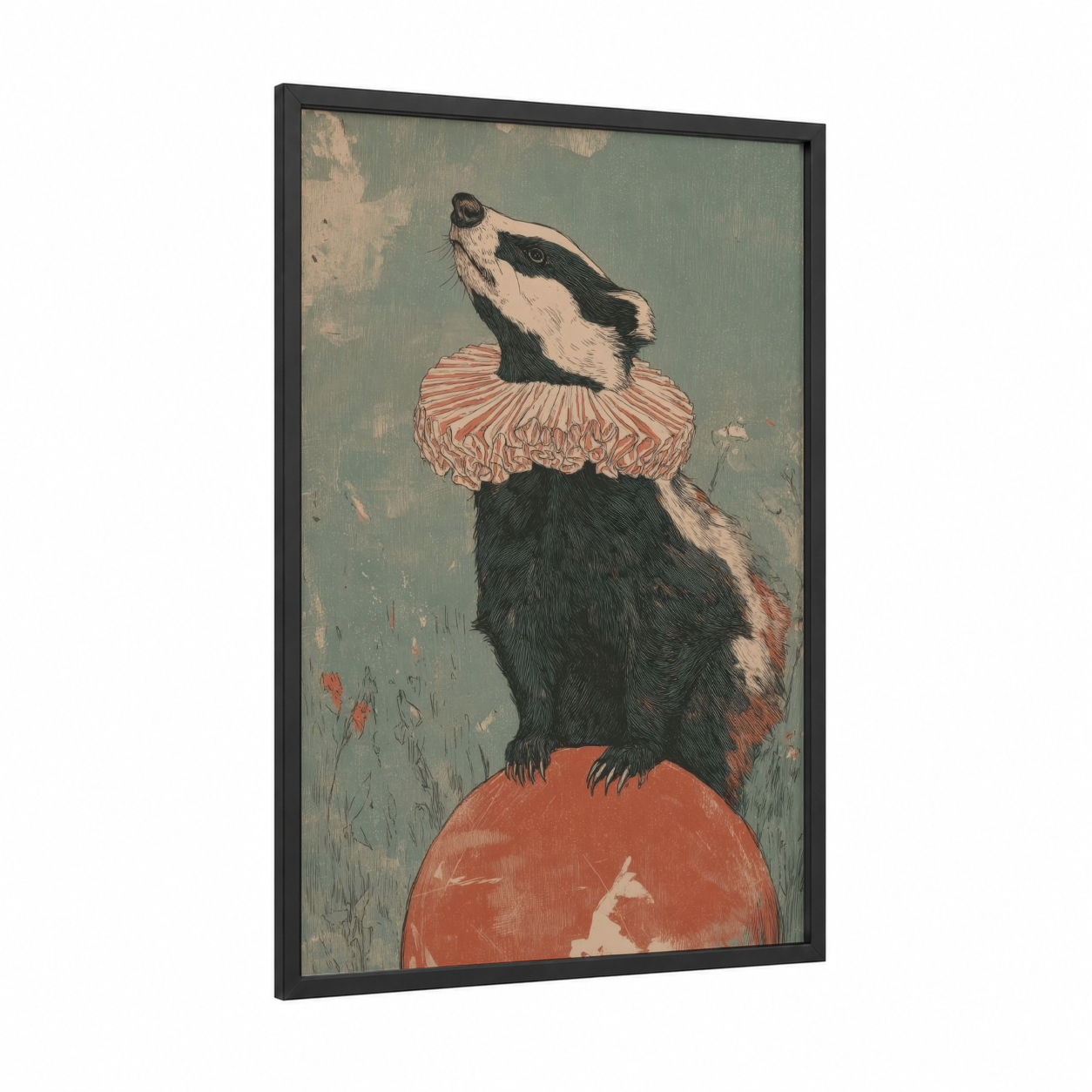 Performer Badger framed art print — black wood frame — sage green and salmon pink palette