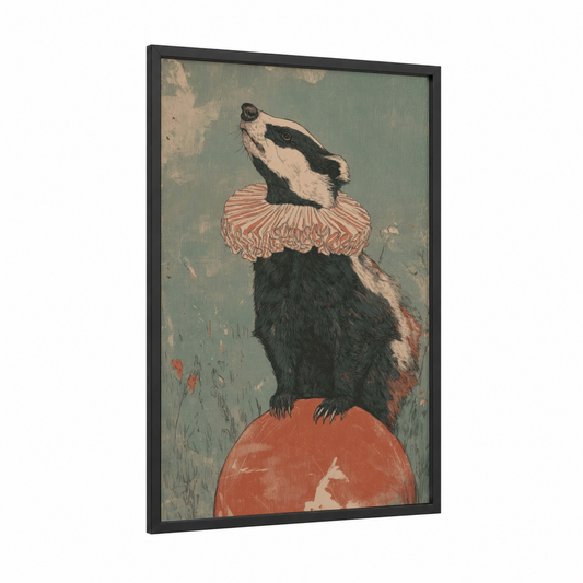 Performer Badger framed art print — black wood frame — sage green and salmon pink palette