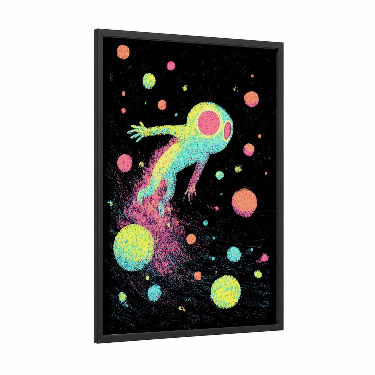 Neon Alien Explorer framed extraterrestrial print — black wood frame — magenta and yellow gold palette
