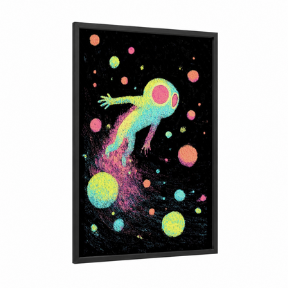 Neon Alien Explorer framed extraterrestrial print — black wood frame — magenta and yellow gold palette