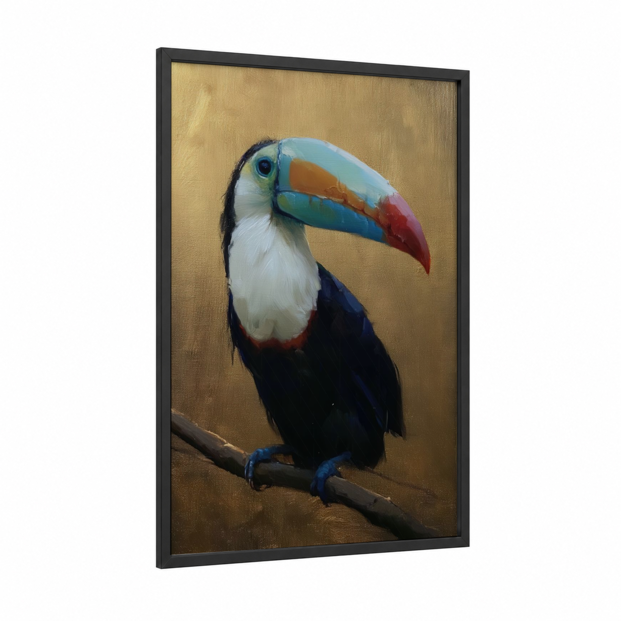 Colorful Toucan framed art print — black wood frame — gold and teal palette