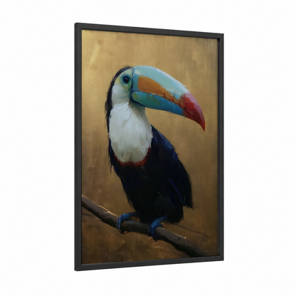 Colorful Toucan framed art print — black wood frame — gold and teal palette