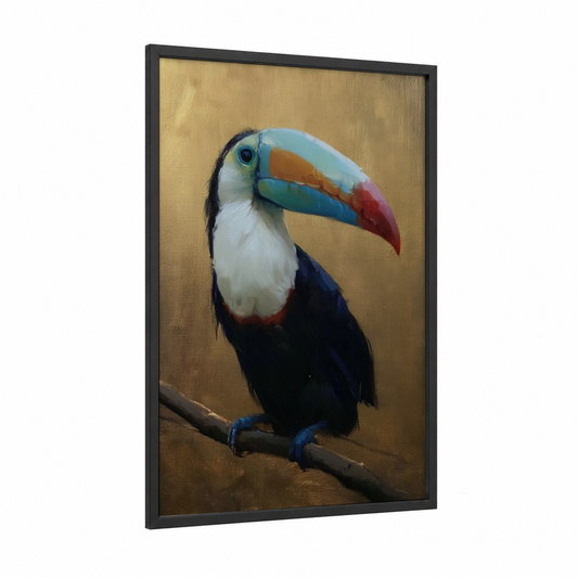 Colorful Toucan framed art print — black wood frame — gold and teal palette