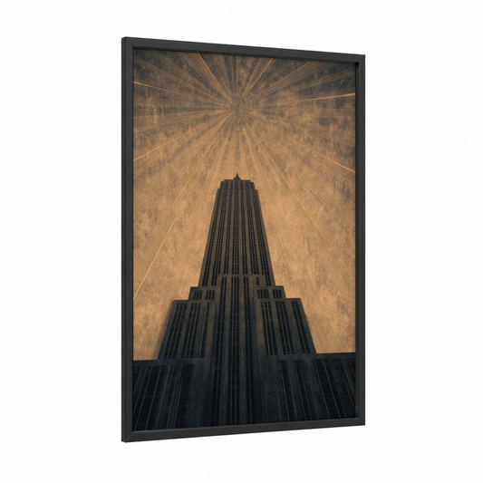 Upward Empire framed empire state building print — black wood frame — gold and black palette