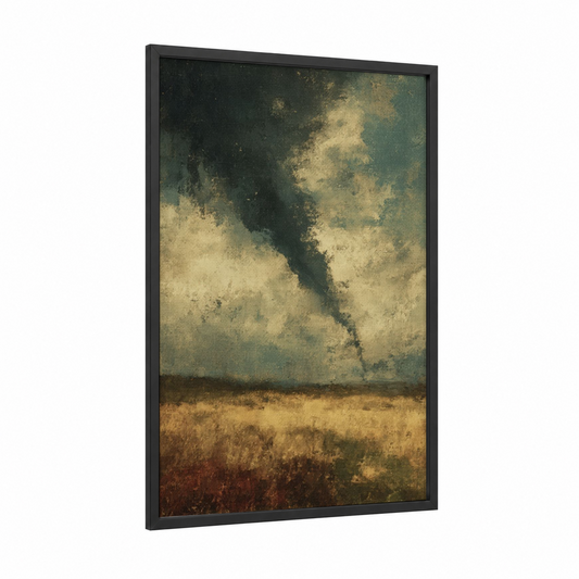 Stormy Tornado framed art print — black wood frame — gold and dark green palette