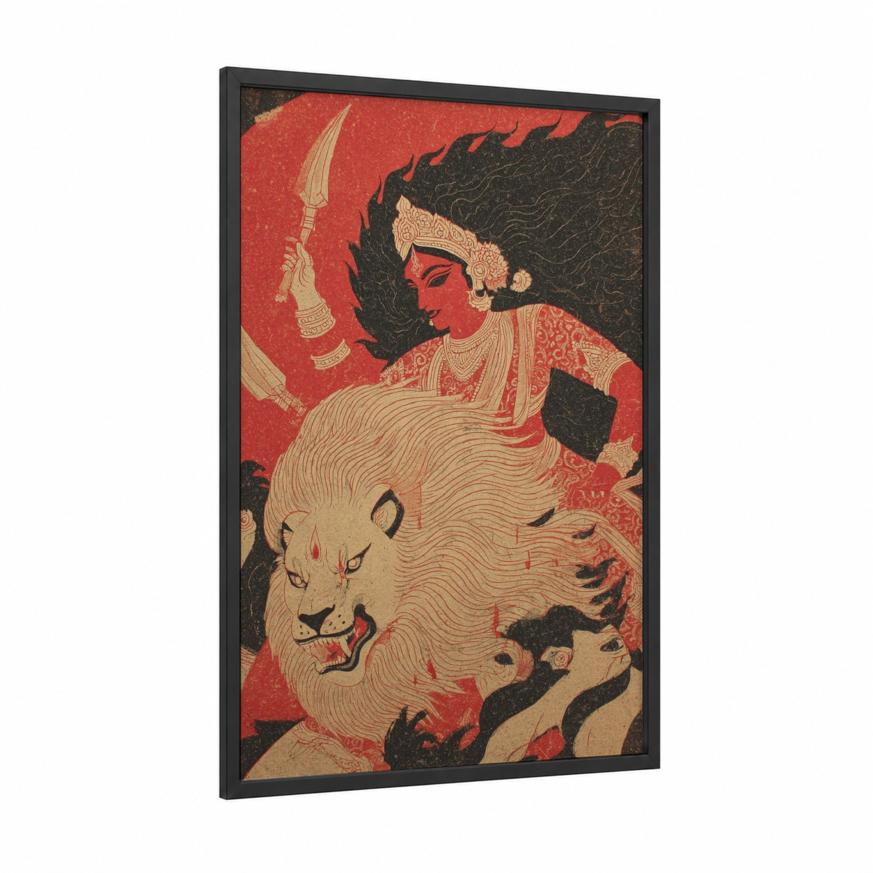Divine Durga framed hinduism print — black wood frame — red and gold palette
