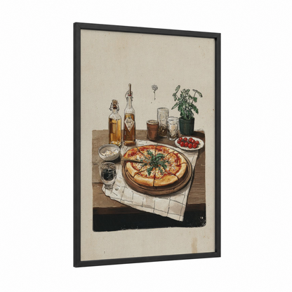 Pizza Table Setting framed fast food print — black wood frame — cream and brown palette