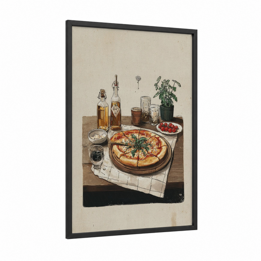 Pizza Table Setting framed fast food print — black wood frame — cream and brown palette