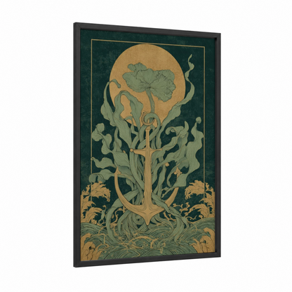 Verdant Anchor framed art print — black wood frame — dark green and yellow gold palette