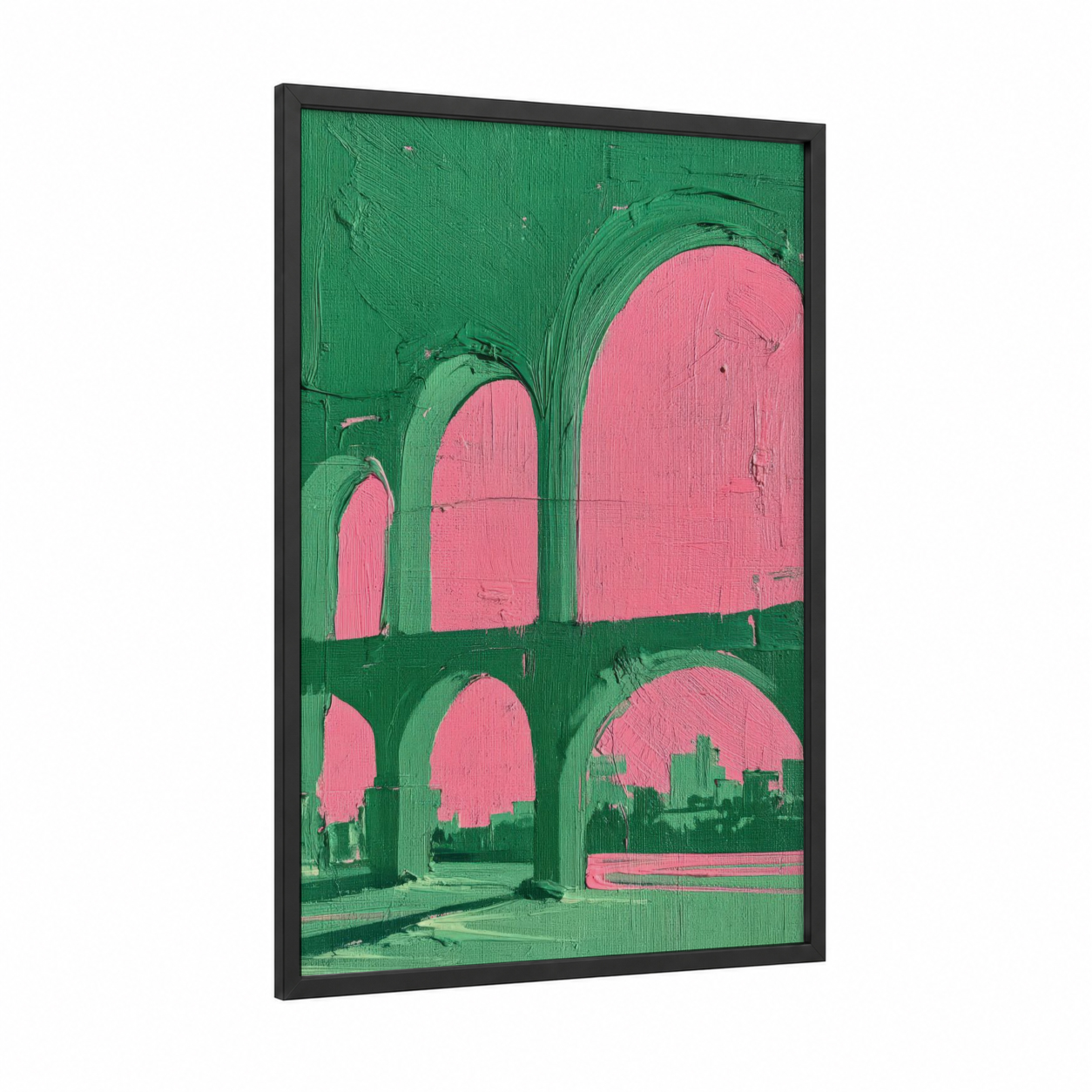 Emerald Archways framed abstract architecture print — black wood frame — green and pink palette