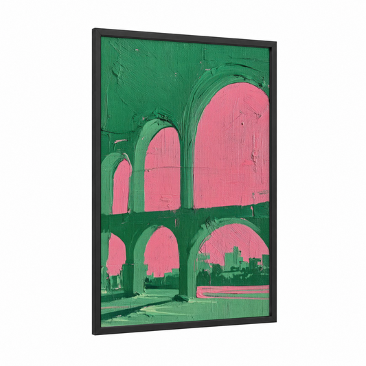 Emerald Archways framed abstract architecture print — black wood frame — green and pink palette
