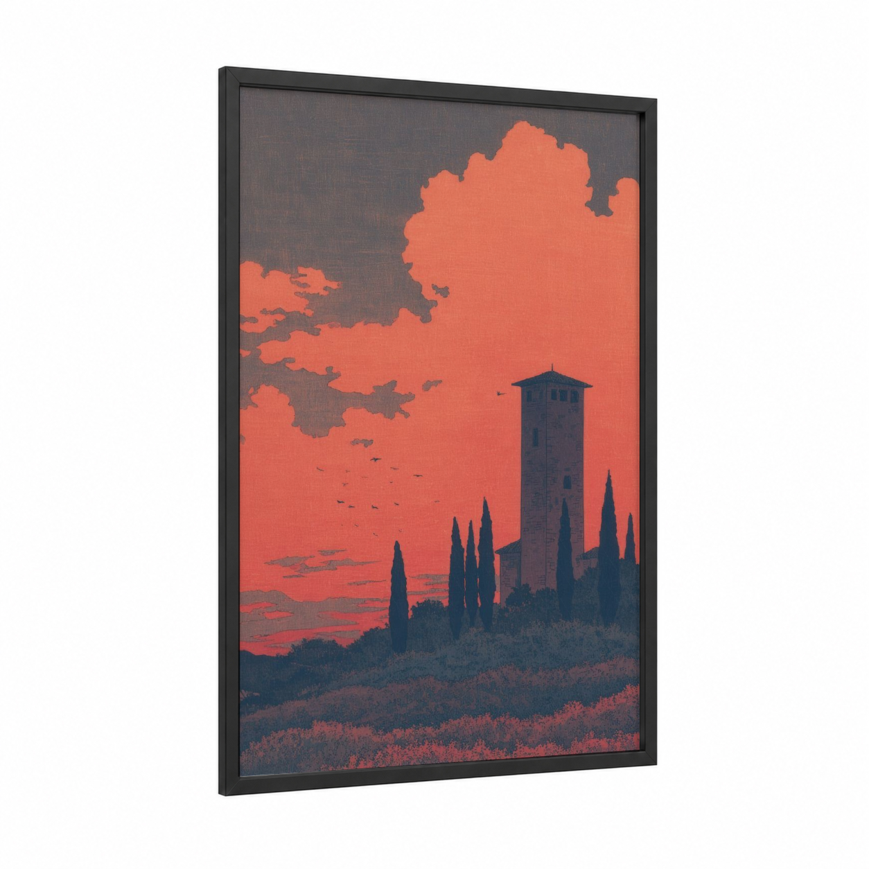 Tuscan Tower Sunset framed towers print — black wood frame — orange and gray palette