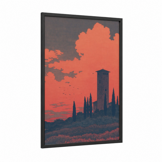 Tuscan Tower Sunset framed towers print — black wood frame — orange and gray palette
