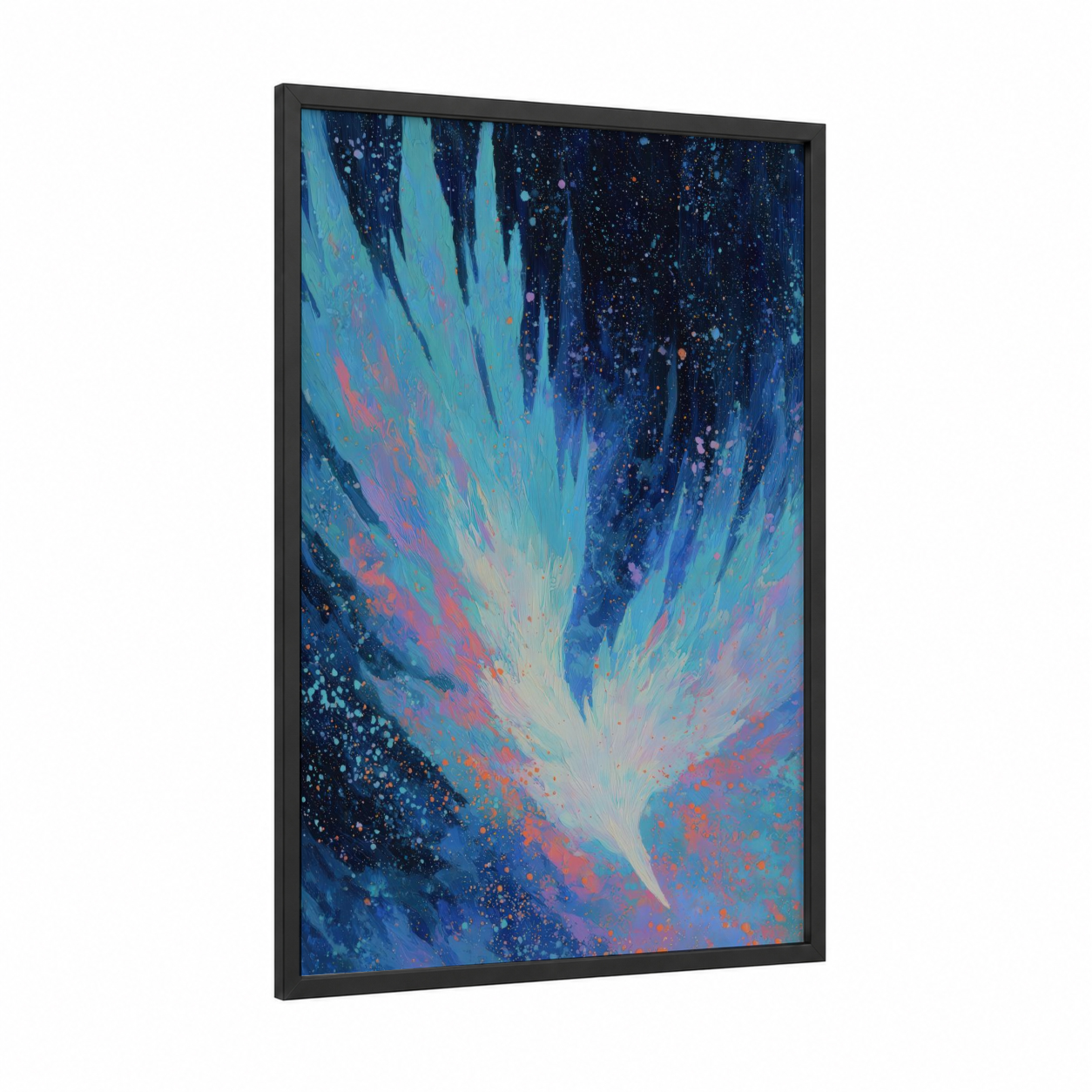 Cosmic Aurora framed astroids and comets print — black wood frame — blue and purple palette