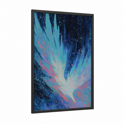 Cosmic Aurora framed astroids and comets print — black wood frame — blue and purple palette