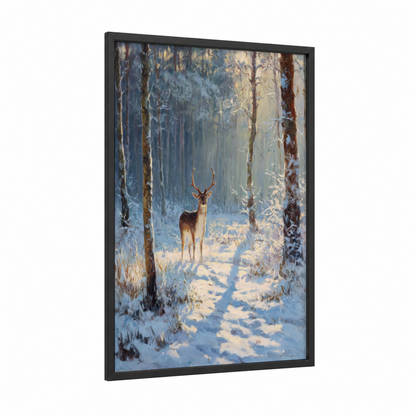 Snowy Forest Elk framed art print — black wood frame — blue and gold palette