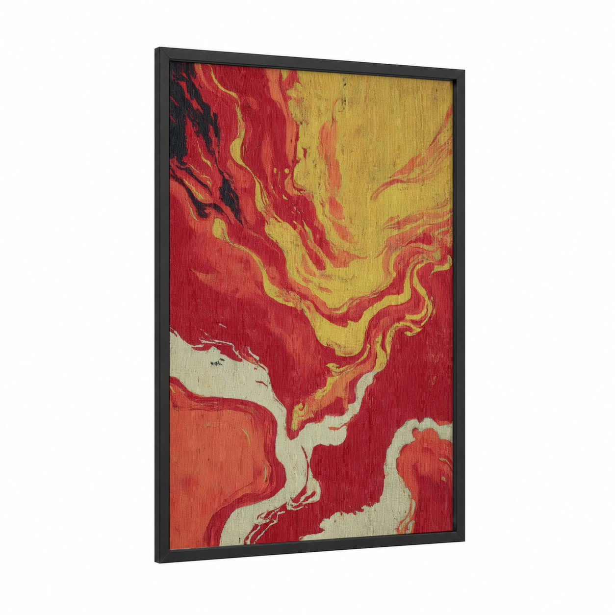 Molten Volcano framed art print — black wood frame — red and yellow gold palette