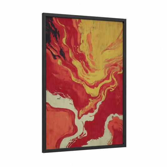 Molten Volcano framed art print — black wood frame — red and yellow gold palette