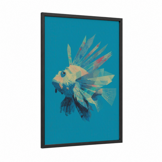 Tropical Lionfish framed art print — black wood frame — teal and gold palette