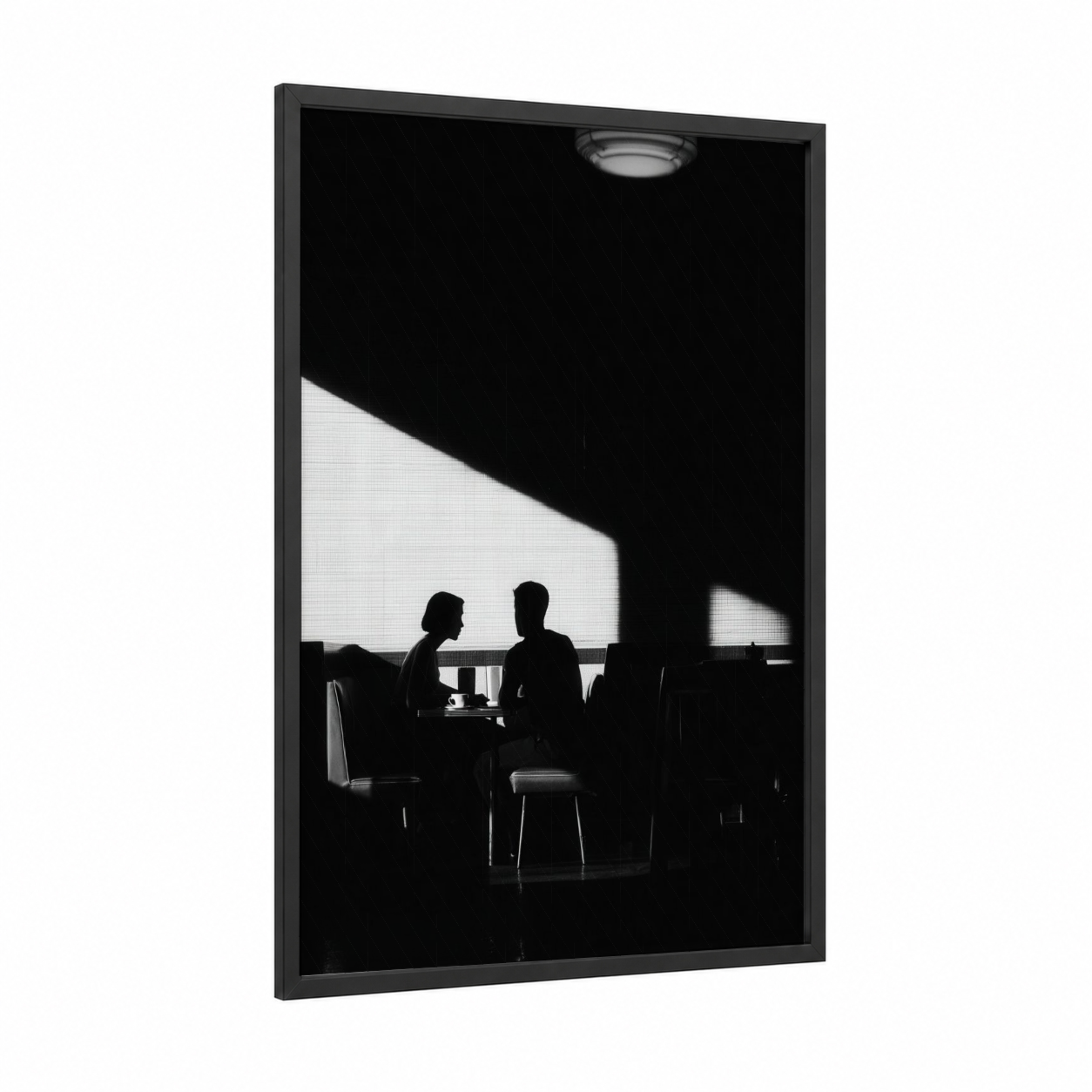 Intimate Conversation framed couple print — black wood frame — black and white palette