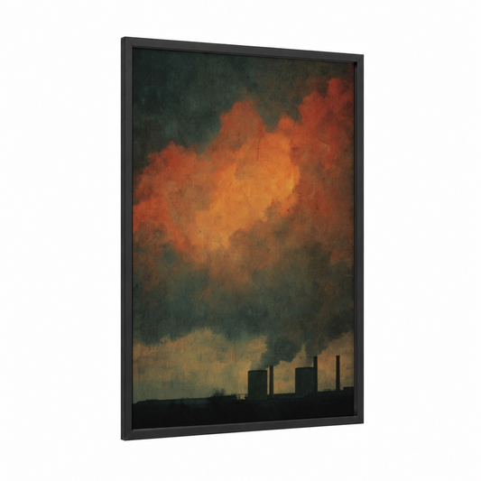 Crimson Storm framed art print — black wood frame — orange and gray palette