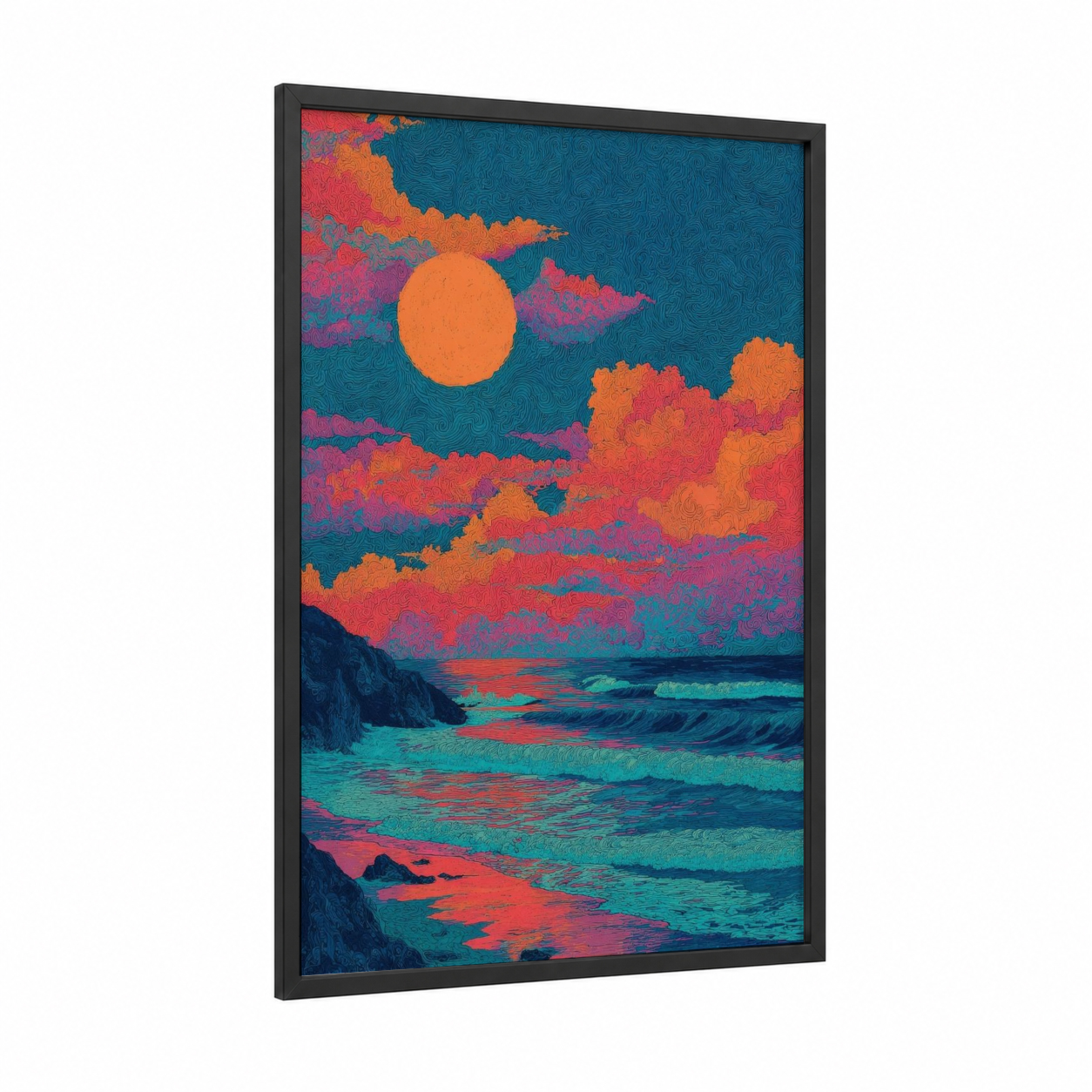 Crimson Sunset Waves framed beach sunrise and sunsets print — black wood frame — orange and teal palette