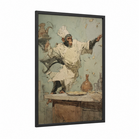 Chaotic Chef Monkey framed art print — black wood frame — sage green and brown palette