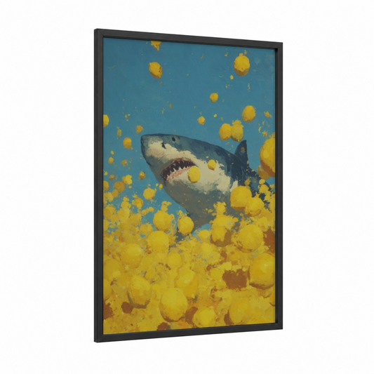 Golden Jellyfish Shark framed great white shark print — black wood frame — blue and yellow gold palette
