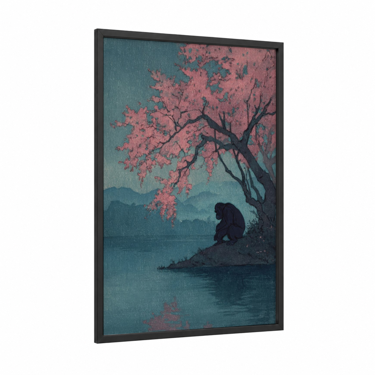 Contemplative Orangutan framed art print — black wood frame — teal and salmon pink palette