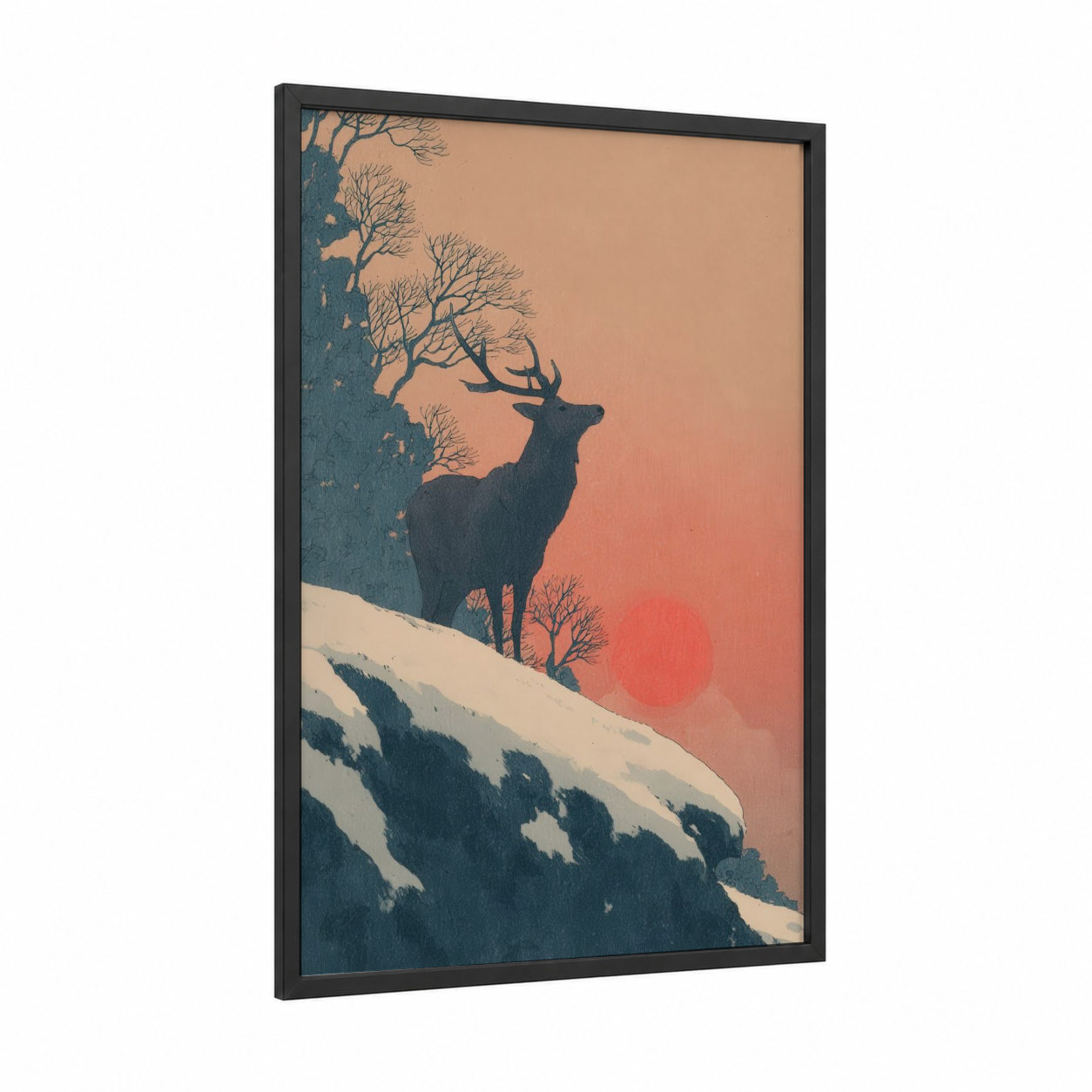 Alpine Reindeer framed art print — black wood frame — teal and salmon pink palette