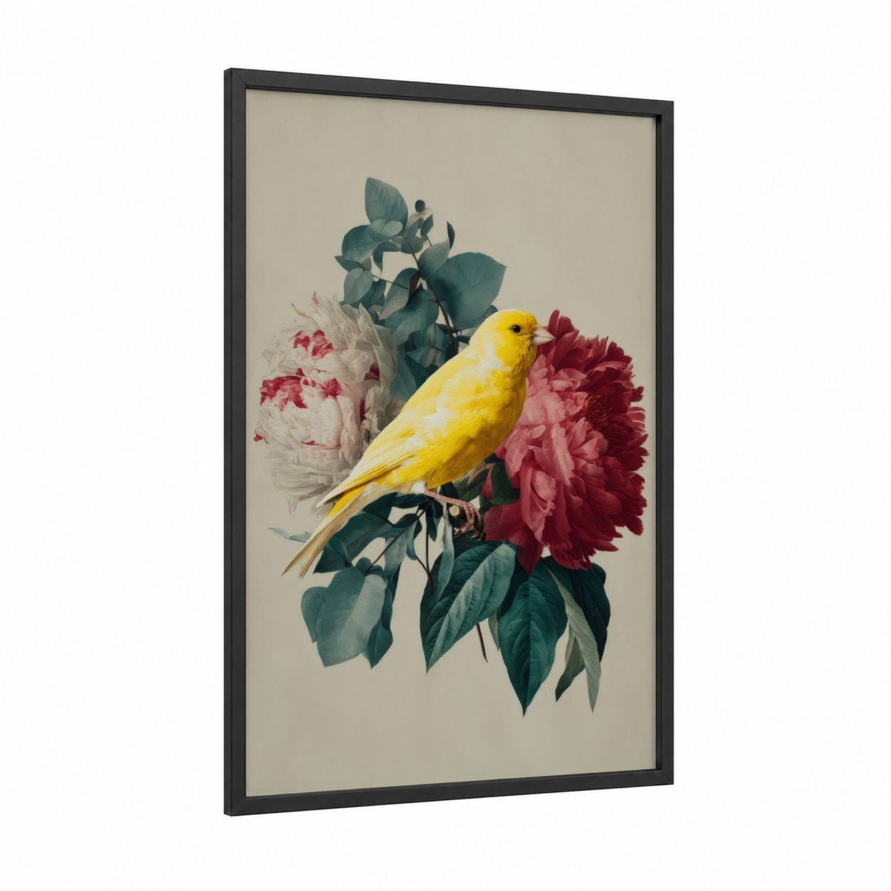 Golden Canary Bloom framed canaries print — black wood frame — gold and rose gold palette