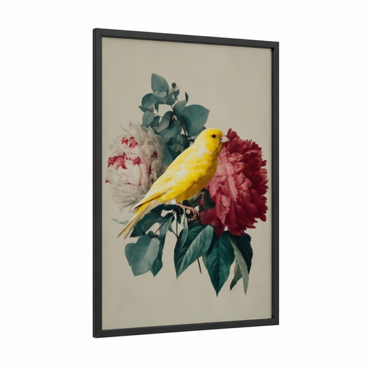 Golden Canary Bloom framed canaries print — black wood frame — gold and rose gold palette