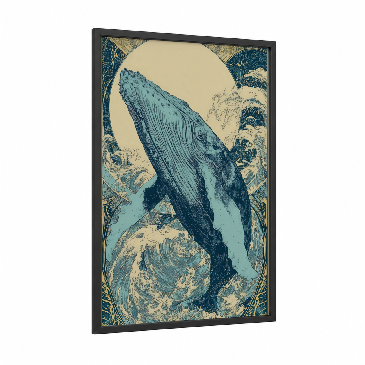 Ascending Whale framed blue whale print — black wood frame — blue and gold palette