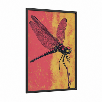 Crimson Dragonfly framed art print — black wood frame — magenta and gold palette
